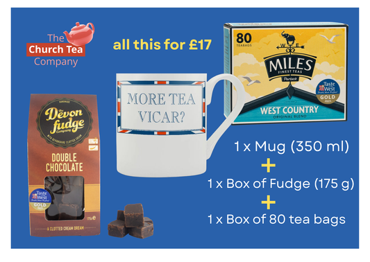 SPECIAL OFFER GIFT SET |  1 x MORE TEA VICAR? Mug + 1 x Box of Devon Double Chocolate Fudge 1 x Box of Miles West Country Tea Bags (80)